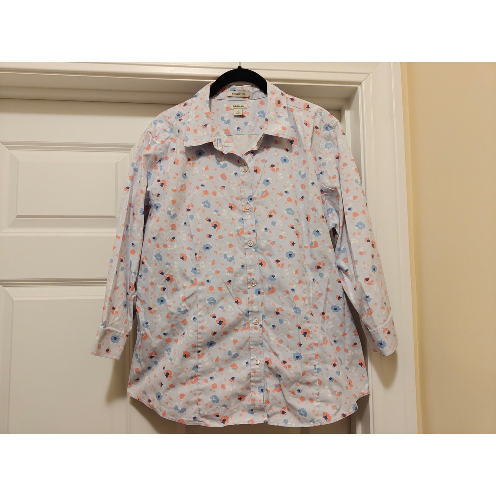 LL Bean Womens Wrinkle Free Cotton Floral 3/4 Sleeve Button Down Shirt Blue
